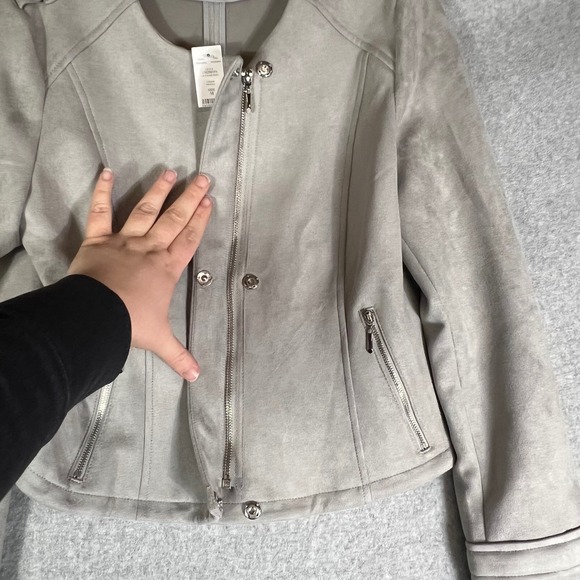 White House Black Market Ultra Suede Cropped Faux Moto Jacket Mercury Gray  M - Picture 3 of 13